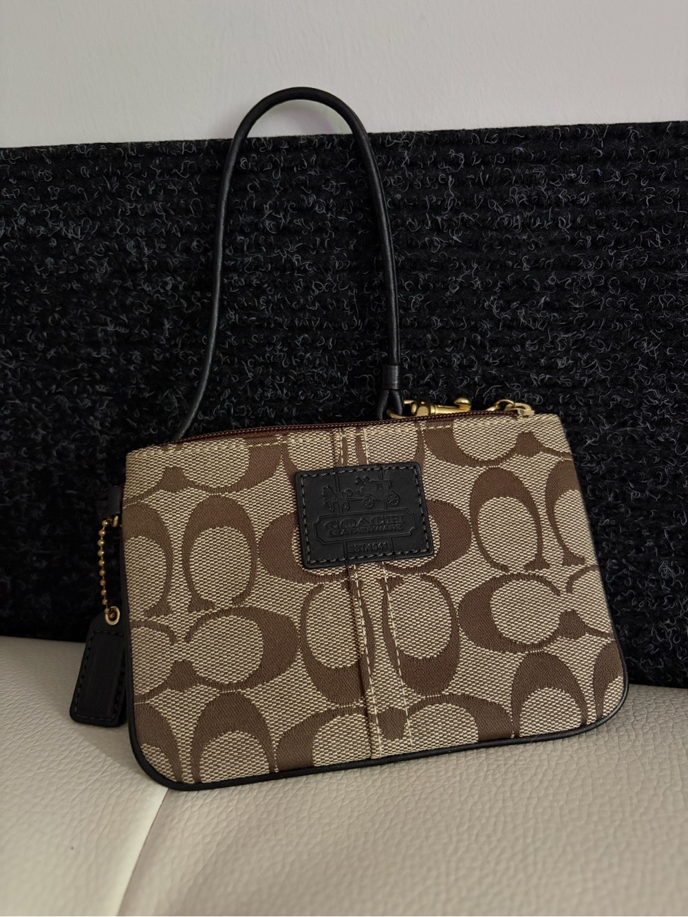 Coach Brown Signature Canvas wristlet with Black Trim